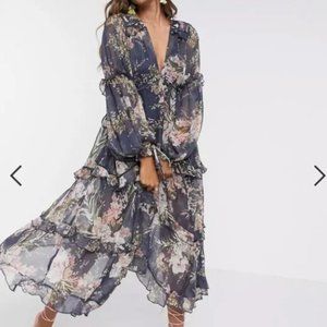 NWT Navy Floral Dress - Tiered Maxi Size 16